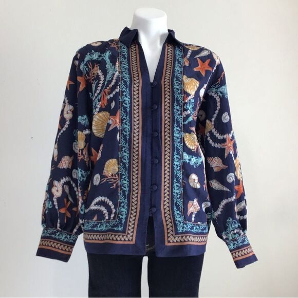 Anthropologie Maeve Blue Blouse Long Sleeve Button Down Sea Shell Size Small - Picture 1 of 10